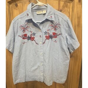 Quizz Again Jeans‎ XL Patriotic Embroidered Denim Shirt Fireworks Stars USA